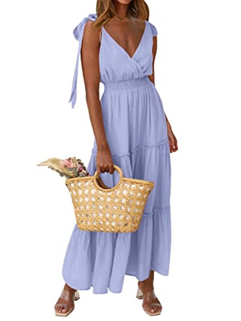 Women's Cross Neck Summer Sleeveless Tiered Maxi Dress Tie Strap